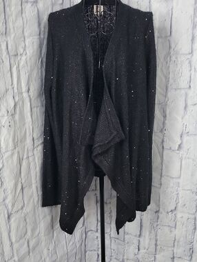 Anne Klein XL Black Sequin Open Front Cardigan Drape Sweater Lightweight